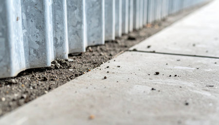 A low-angle, detailed view captures the gritty reality where a weathered, corrugated metal fence meets a concrete sidewalk.の素材