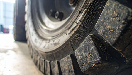 A low-angle, detailed view captures the immense scale and rugged texture of a heavy-duty truck tire.の素材