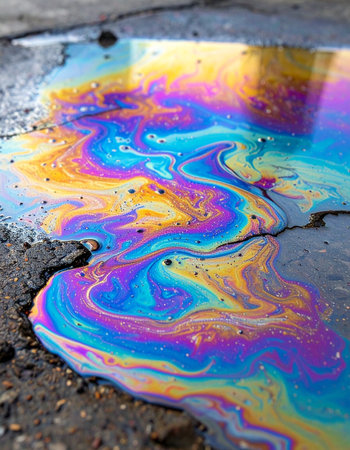 A mesmerizing, psychedelic swirl of rainbow colors spreads across the dark, wet asphalt.の素材