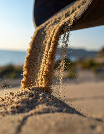 In the warm glow of the late afternoon sun, golden sand cascades onto the shore, each grain a tiny moment in time.の素材