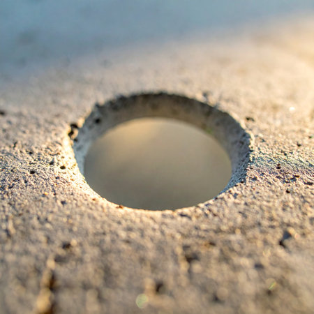 A macro perspective captures the precise, clean edge of a newly drilled hole in a raw concrete slab.の素材