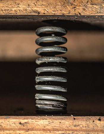 A close-up view of a weathered metal coil spring held under immense pressure between two rough wooden surfaces.の素材