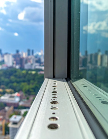 A detailed close-up of a modern window track provides a unique perspective, leading the eye towards a soft-focus view of a bustling city below.の素材