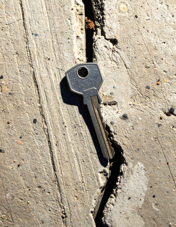 A single metal key lies wedged in a deep crack in the weathered concrete, a symbol of a lost opportunity or a hidden solution waiting to be discovered.の素材