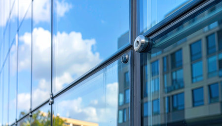 The clear blue sky and clouds are reflected in the sleek glass panels of a modern corporate headquarters.の素材