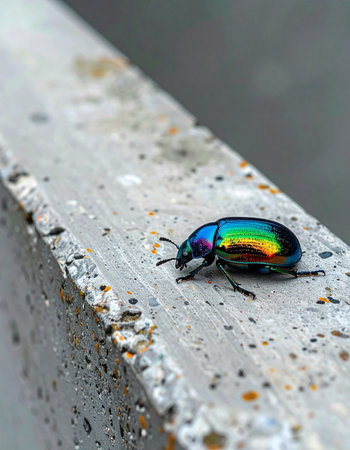 A single, vibrant rainbow beetle with a shimmering iridescent shell stands out in stark contrast against the rough, gray texture of a concrete ledge.の素材