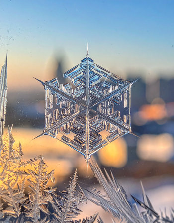 A single, perfectly symmetrical snowflake stands out against the warm glow of a city sunrise.の素材