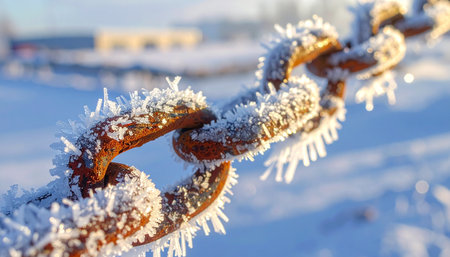 In the biting cold of a bright winter morning, delicate ice crystals cling to the weathered links of a rusty old chain.の素材
