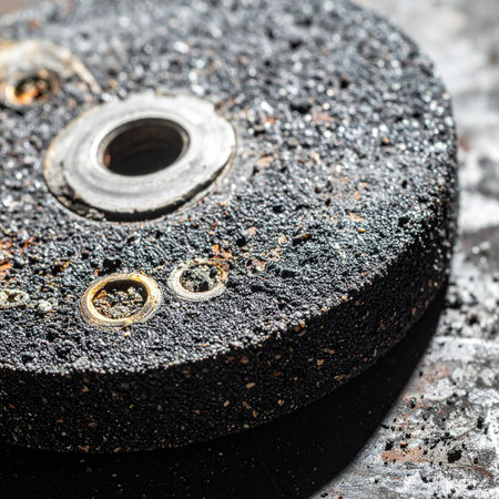 A detailed macro shot captures the heavily textured and worn surface of an industrial grinding wheel.の素材