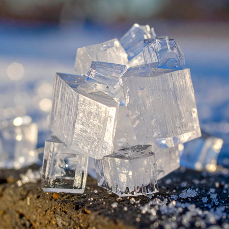 A stunning macro photograph captures the intricate beauty of a naturally formed ice crystal cluster.の素材