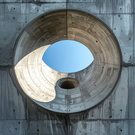 A massive circular aperture in a raw concrete wall frames a perfect blue sky. Sunlight carves a crescent of light within the sculptural form, creating a powerful interplay of light and shadow.の素材