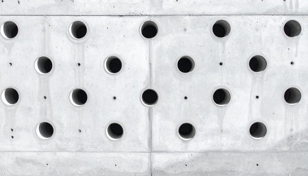 A stark, minimalist view of a concrete surface, featuring a rhythmic and symmetrical pattern of circular holes.の素材
