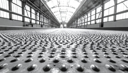 A low-angle, black and white view captures the immense scale of an industrial hall.の素材