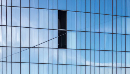 On the reflective glass facade of a modern corporate building, a single open window breaks the uniform pattern.の素材