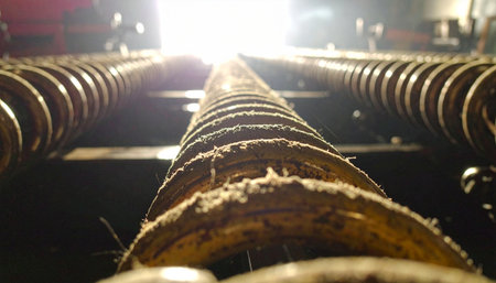 A low-angle, perspective shot captures the endless repetition of spiral rollers on an industrial conveyor belt.の素材