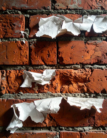 Close-up of a weathered red brick wall, where remnants of crumpled white paper cling to the mortar.の素材