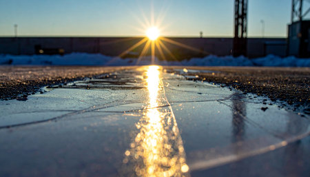 As the sun dips below the urban horizon, its last golden rays create a brilliant path across a frozen puddle.の素材