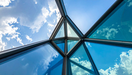 A view from within a modern corporate headquarters, looking up through a geometric glass ceiling.の素材