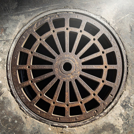 A top-down view captures the intricate, radial pattern of a weathered and rusty manhole cover.の素材