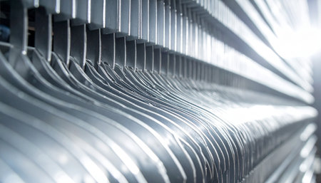 A close-up, selective focus shot captures the rhythmic pattern of countless metal clothes hangers lined up on a rack.の素材