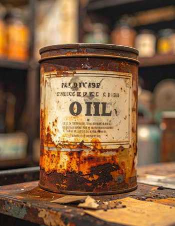 A relic from a bygone industrial era, this heavily rusted oil can sits forgotten on a dusty workshop bench.の素材