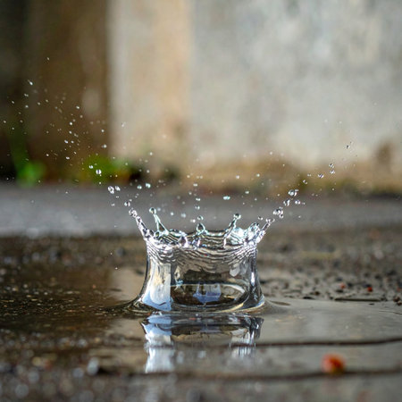 A single, clear drop of water makes impact with a wet surface, erupting into a perfect, fleeting crown.の素材