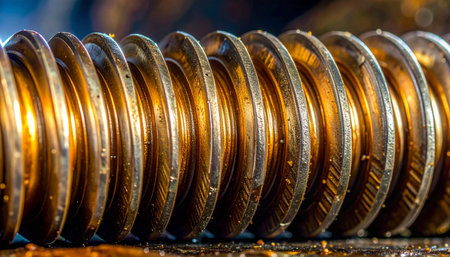 A detailed macro view captures the intricate threads of a heavy-duty industrial lead screw, coated in a thick layer of lubricant.の素材