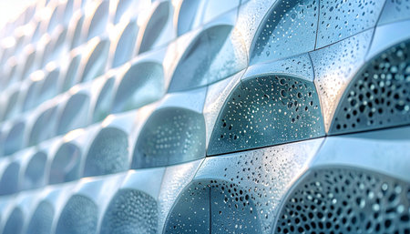 A close-up perspective of a futuristic building's facade, where light dances across curved, perforated metallic panels.の素材