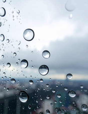 Raindrops cling to a window pane, each one a tiny lens reflecting a soft, overcast sky and a blurred world outside.の素材