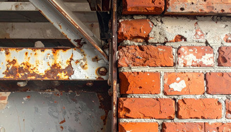 A close-up view captures the raw, gritty texture of a rusted steel beam bolted to a weathered red brick wall.の素材