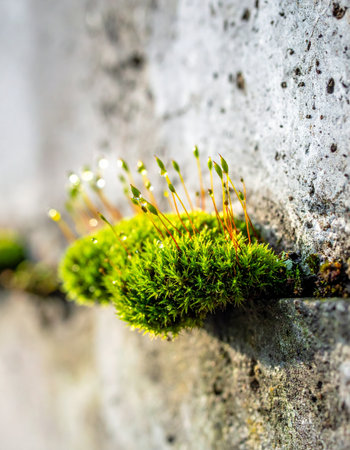 In a tiny crevice of a cold, hard concrete wall, a vibrant patch of green moss tenaciously thrives.の素材