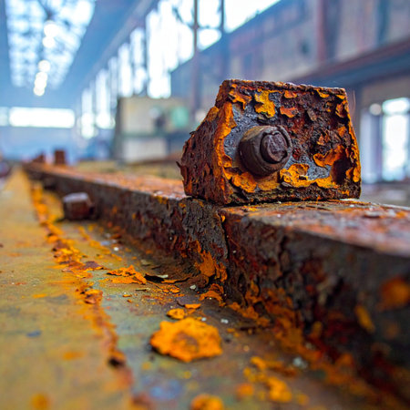 A close-up captures the intricate texture of rust on a forgotten bolt and beam within a derelict factory.の素材