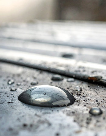 A single, perfect bead of water rests on a cool, weathered surface, capturing a tiny, distorted reflection of the world within its clear dome.の素材