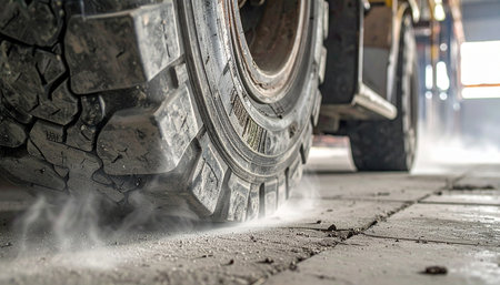 A close-up captures the immense power of a heavy industrial vehicle in motion.の素材