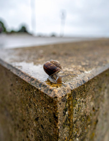 A small snail makes its slow and steady journey across the sharp corner of a wet concrete ledge.の素材