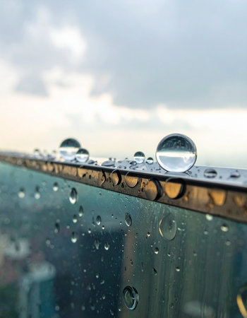 After a refreshing city shower, perfect spheres of rainwater cling to a glass balcony railing.の素材