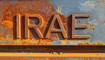 A close-up shot captures the word 'Irae' in bold, embossed letters on a heavily rusted and corroded metal surface.の素材