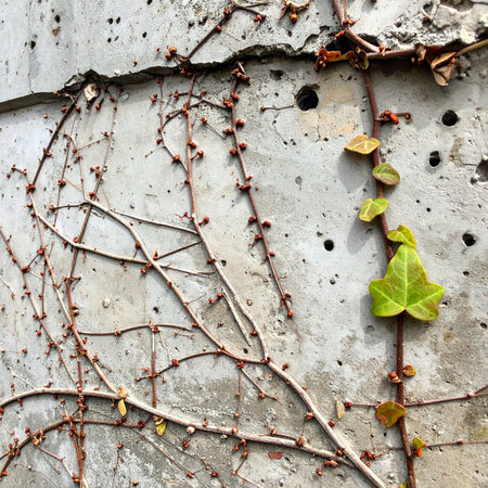Against the cold, weathered surface of a concrete wall, a single, vibrant green ivy leaf emerges as a symbol of resilience and new life.の素材