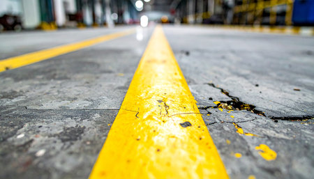 A bright yellow line provides a clear path forward across a cracked and weathered concrete floor.の素材