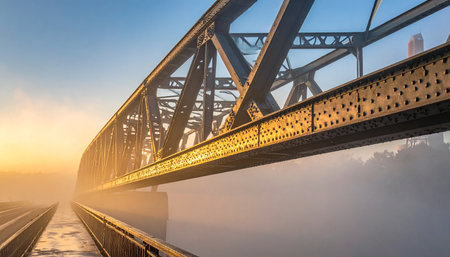 The first light of a new day casts a golden glow on the steel girders of a massive railway bridge.の素材