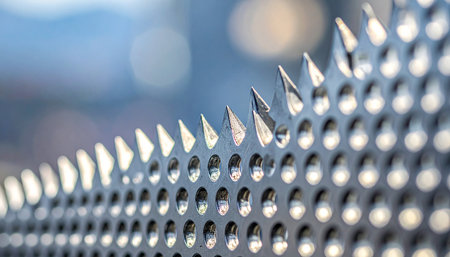 A macro view captures the intimidating and precise row of sharp metal spikes on a perforated security barrier.の素材