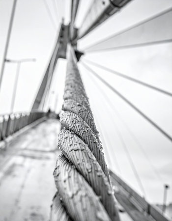 A powerful low-angle, black and white shot focusing on the thick, textured steel cable of a modern bridge.の素材