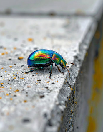 A tiny, iridescent jewel beetle with a rainbow-colored shell makes its journey across a rough concrete ledge.の素材
