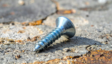 A single, shiny metal screw rests on a heavily weathered and rusted surface, a stark contrast between new potential and old decay.の素材