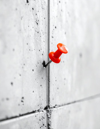 A single, vibrant red pushpin stands out against a stark black and white tiled wall, precisely marking a spot in the grout line.の素材
