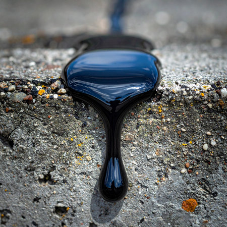 A single, glossy drop of black tar hangs suspended for a moment before continuing its slow, inevitable journey down a rough, textured concrete surface.の素材