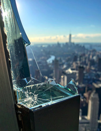 From a high-rise vantage point, a shattered window frames a blurred cityscape.の素材