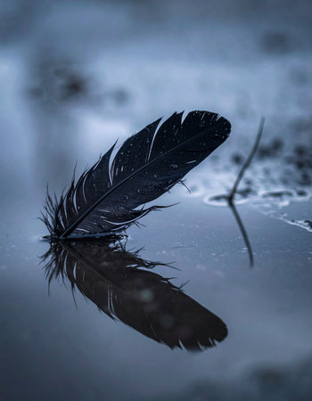 A single black feather rests on the still, reflective surface of a cool blue puddle.の素材