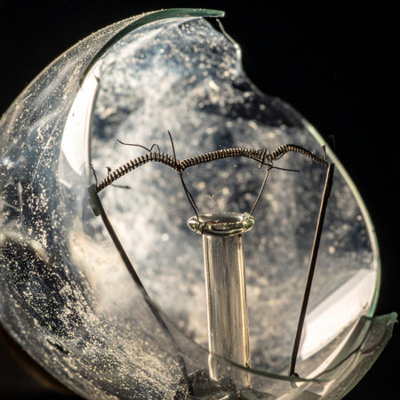 A macro photograph captures the intricate details of a shattered incandescent lightbulb against a stark black background.の素材