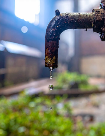 A single, clear drop of water falls from an old, corroded outdoor faucet.の素材
